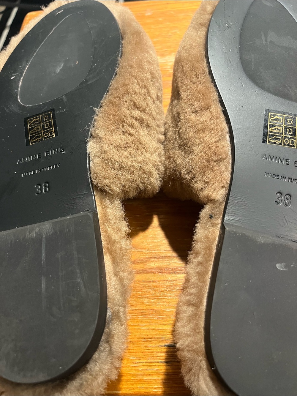 Anine Bing Shearling Plush Slip on Loafers Mules Camel / Yellow Gold SZ 38 - Picture 4 of 11